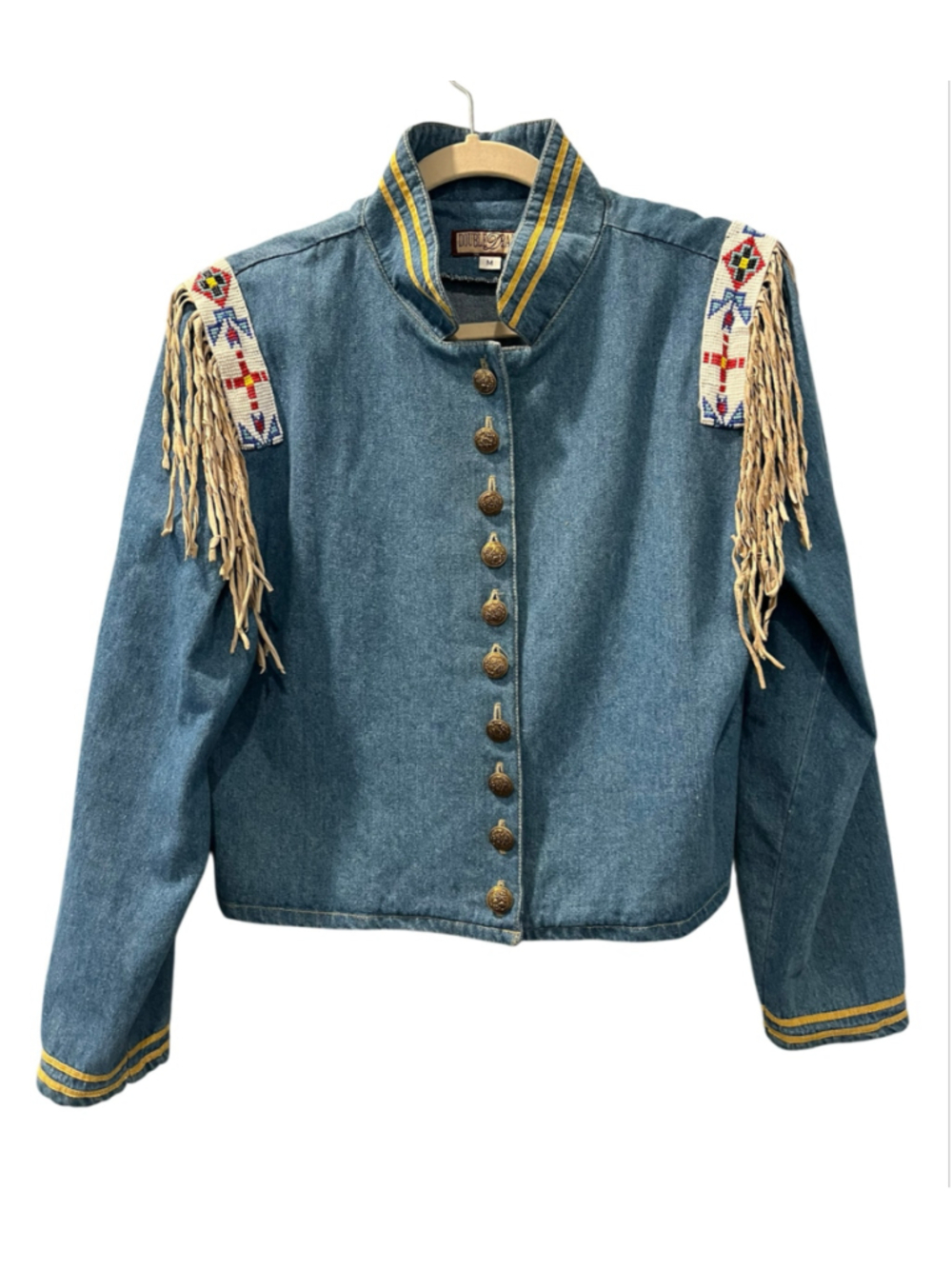 Vintage 90s Double D Ranch Jacket M Western Beaded Suede Fringe Cavalry Denim